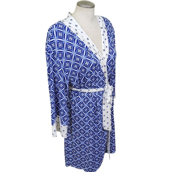 Flora Nikrooz Womens L Robe Housecoat Geometric Print Blue White Belted Jersey - Picture 3 of 9